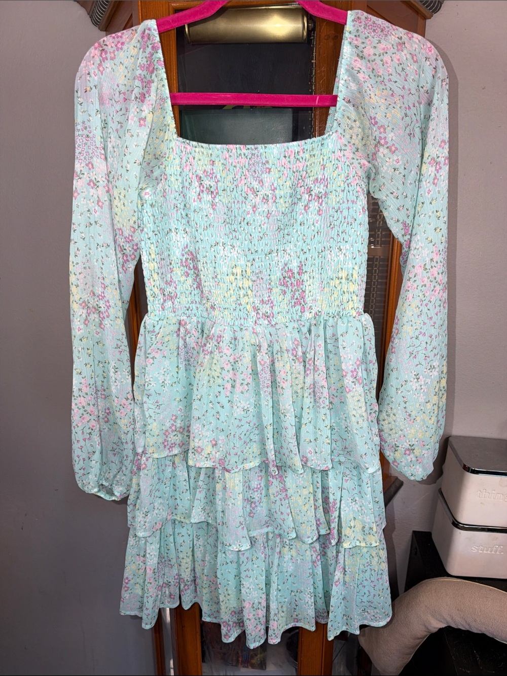 Mint Floral Smocked Tiered Long-Sleeve Dress
